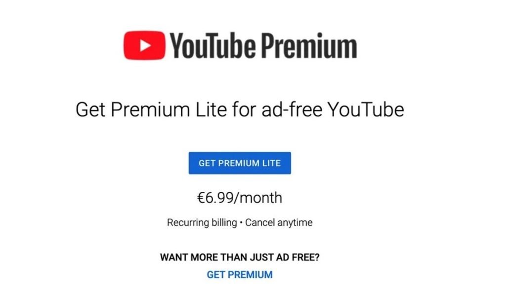 YouTube Premium Lite subscription offer