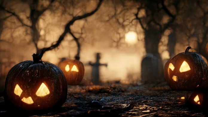 Foggy pumpkin scene at night