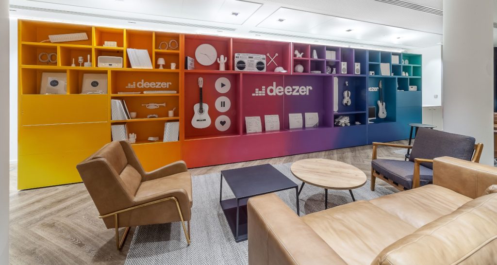 Colorful shelves inside Deezer headquarters