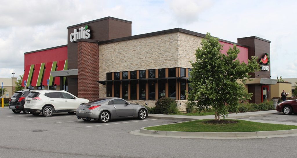 Chili's restaurant exterior, red brick facade