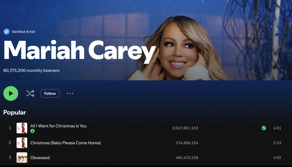 Mariah Carey's Spotify profile showing streams