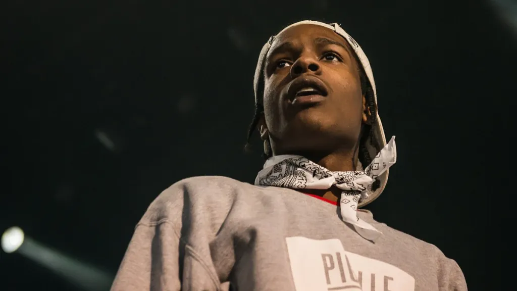 ASAP Rocky wearing bandana and sweatshirt