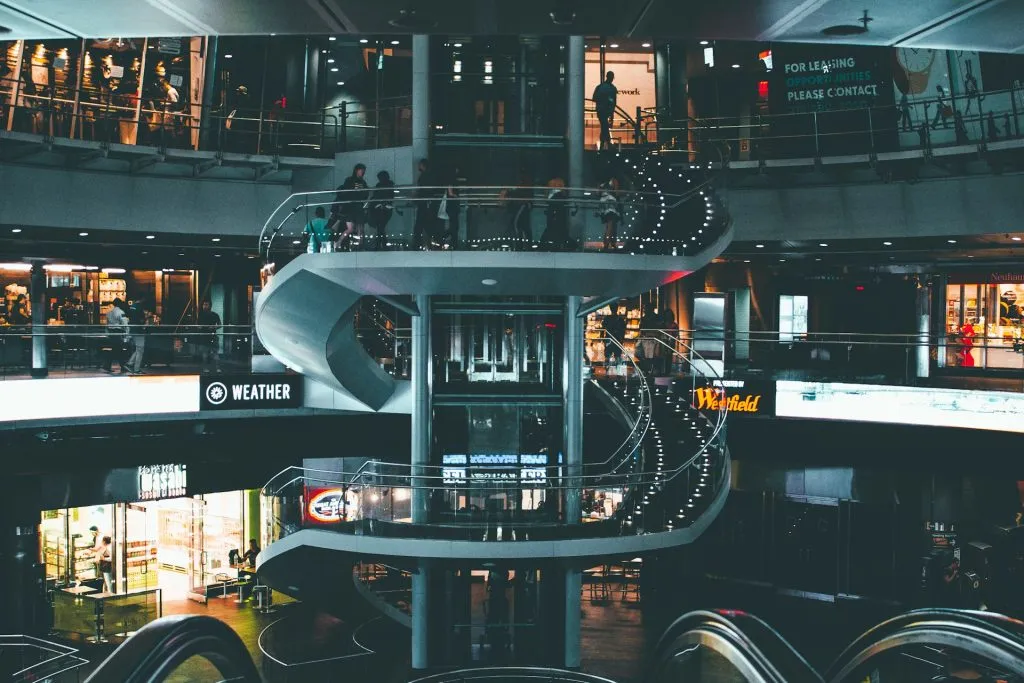 Interior of busy multi-level mall