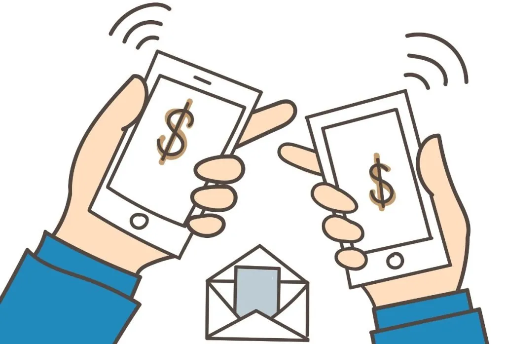 Hands holding phones displaying money transfers