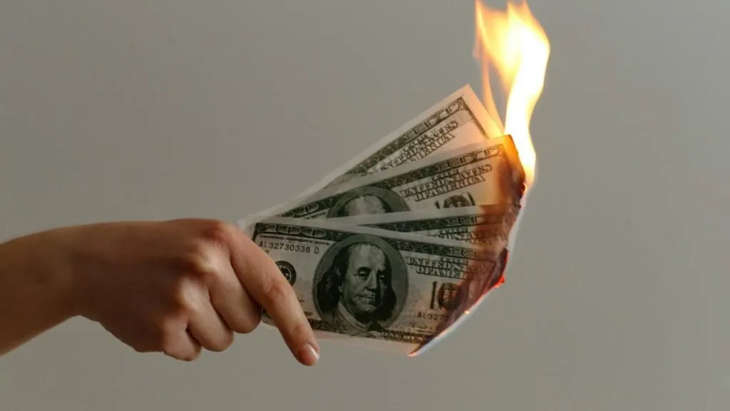 Hand burning dollar bills