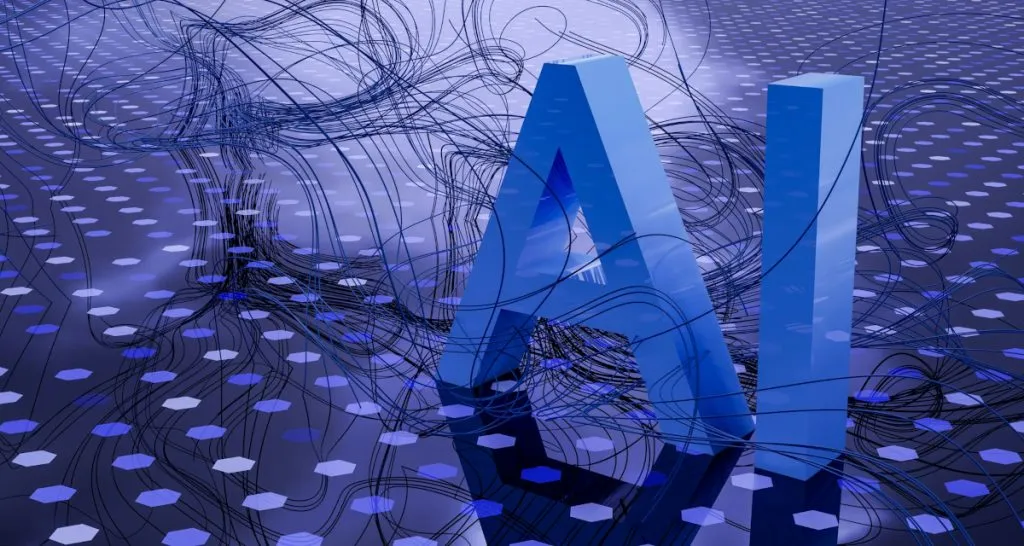 Blue AI logo with circuit pattern