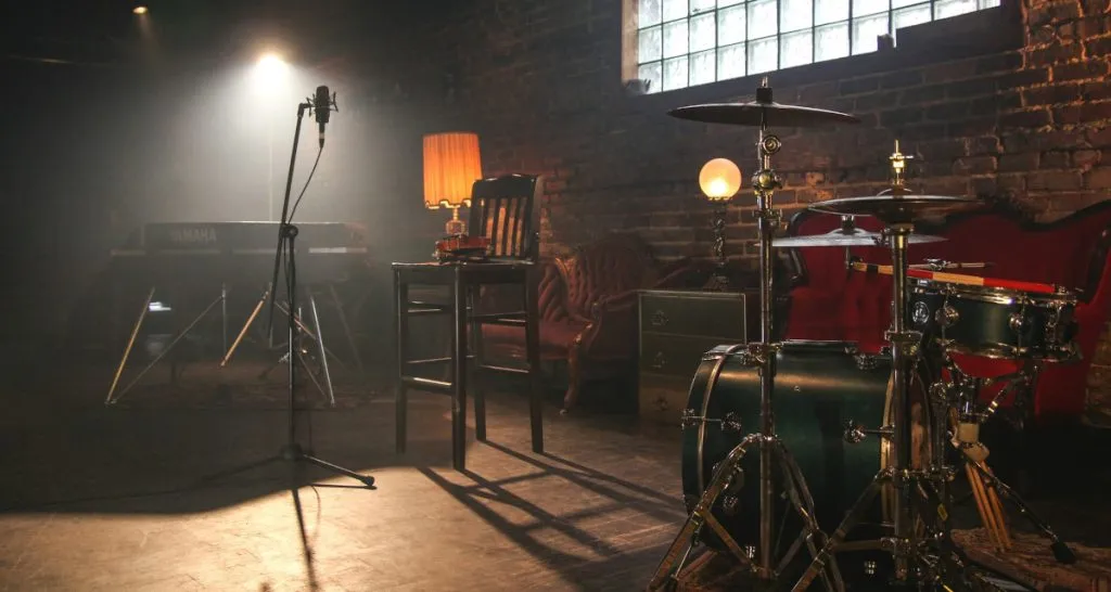 Empty concert stage with instruments